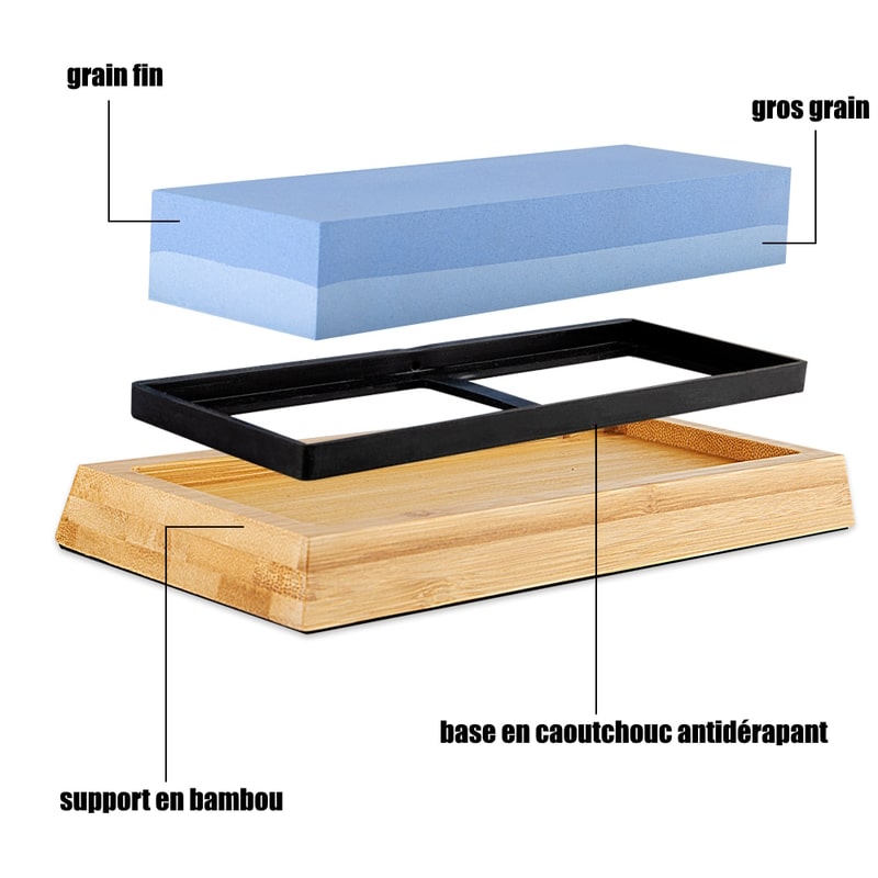 Pierre à aiguiser double face avec socle en bambou et ajusteur d'angle avec des grains différents socle en bambou et base en caoutchoucs antidérapant